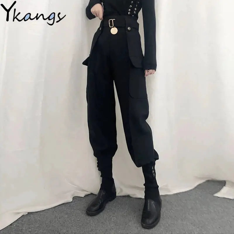 Ykangs women's black cargo pants with belt buckle; black top and boots, three-piece outfit