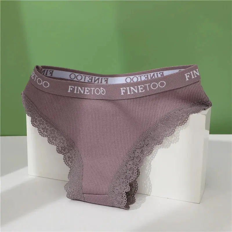 Sexy cotton lace panties for women with ribbed fabric and lace trim, mauve, FINETOO waistband