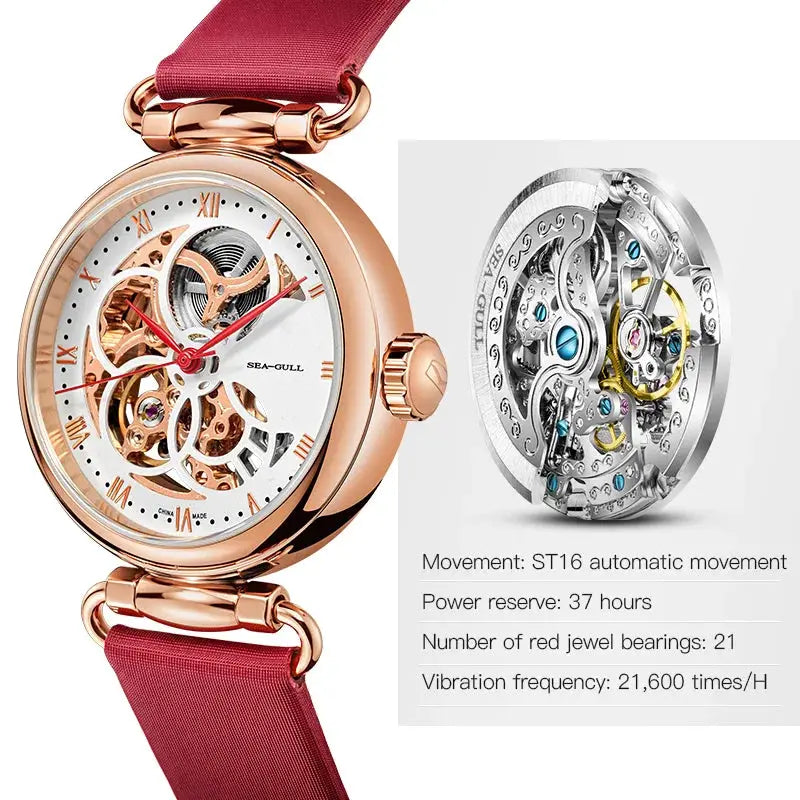Sea-Gull women's skeleton automatic watch with rose-gold case and red leather strap; movement diagram