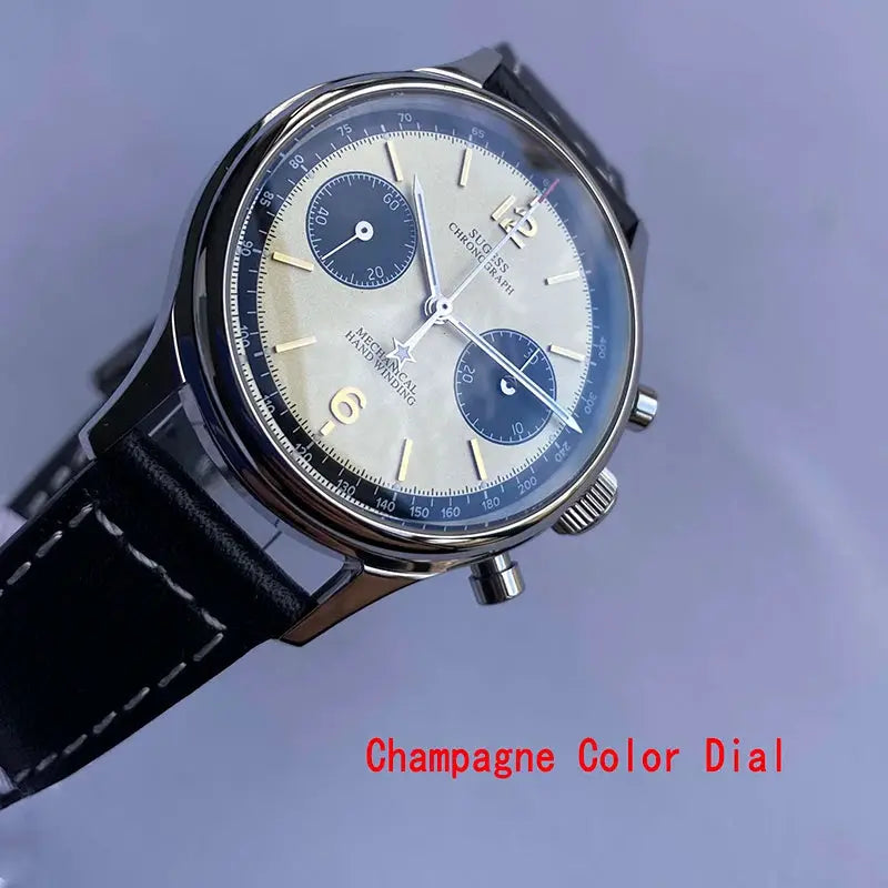 Sugess 1963 Pilot Watch chronograph with champagne dial, blue subdials, black leather strap