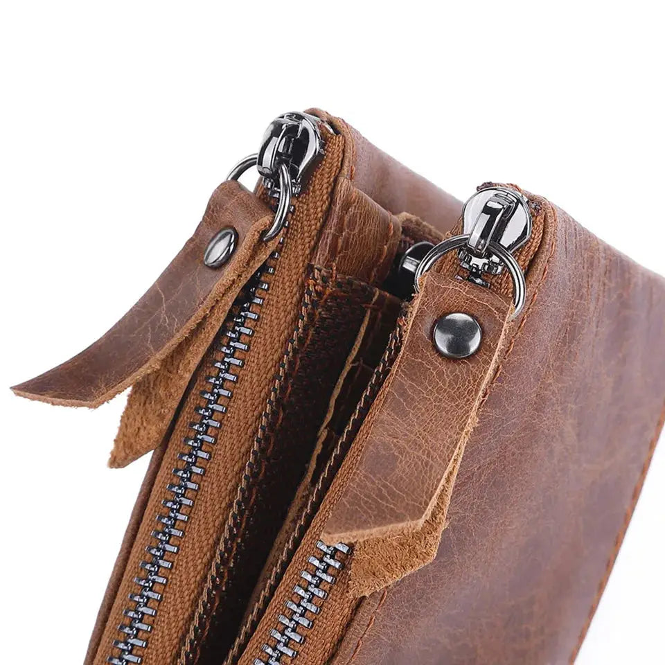 Men's brown genuine cow leather short card holder wallet by Simples Market with dual zippers