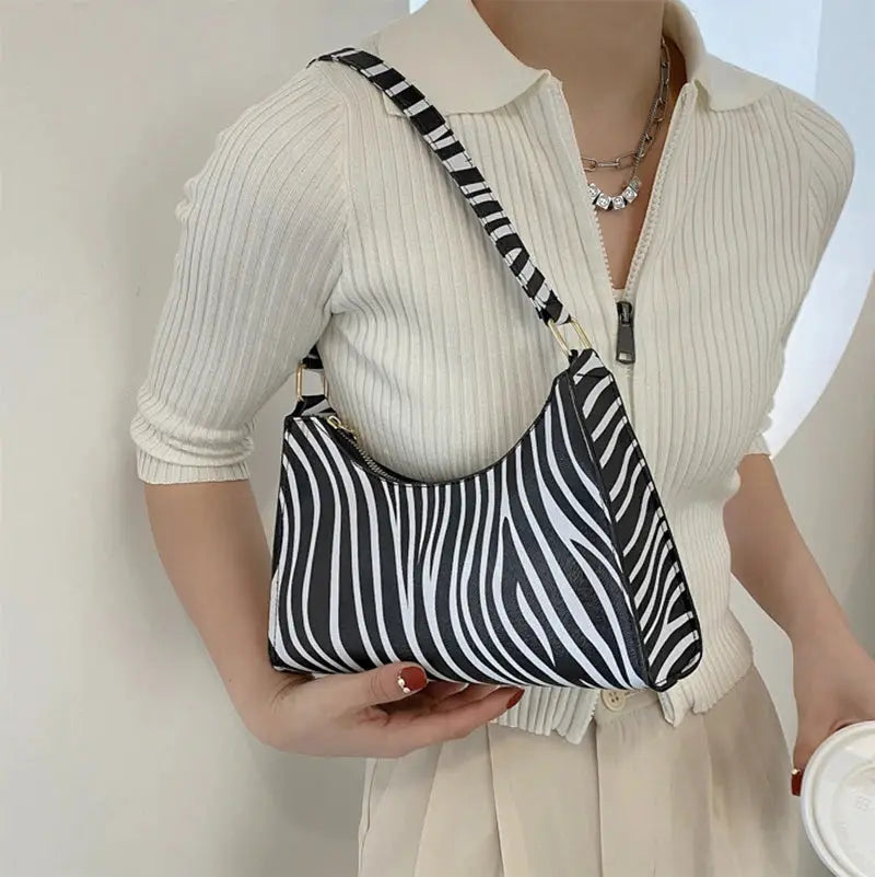 Zebra-print shoulder bag, PU leather for women with black-and-white striped strap