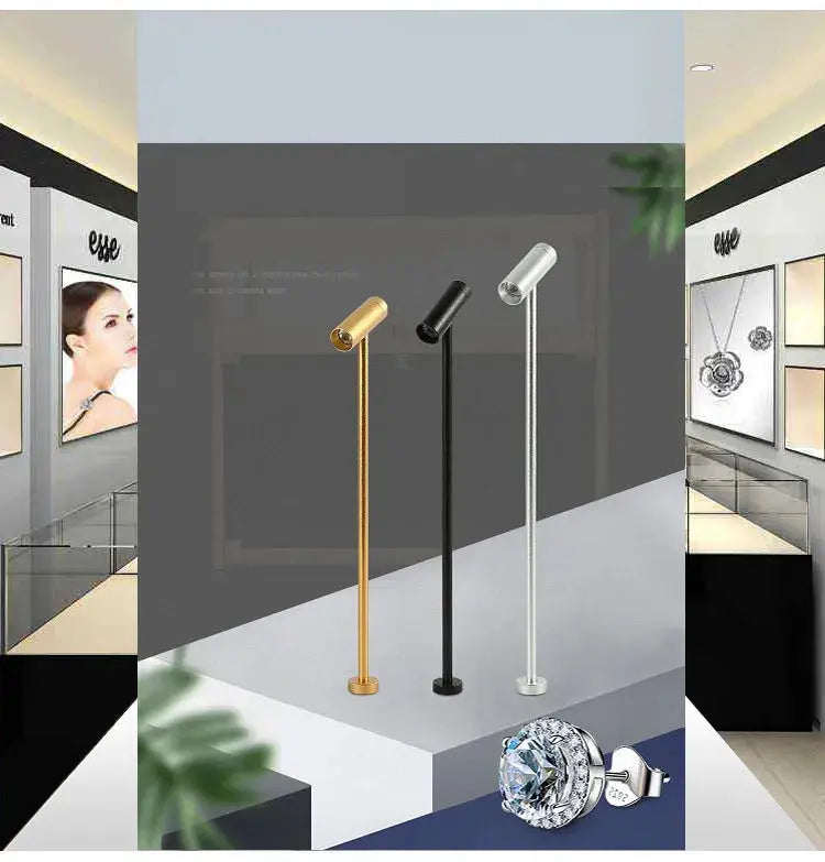 Simples Market LED Spotlight 3W jewelry display lamps, 3-pack upright post lights in gold, black, and silver.