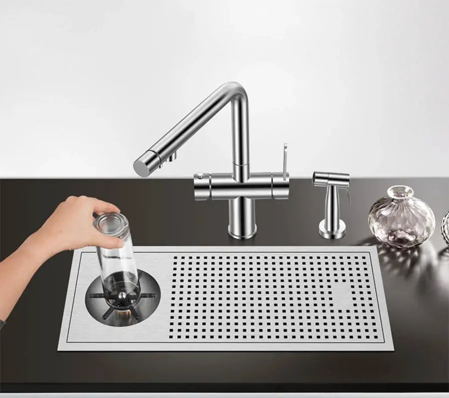 ASRAS Cup Washer on brushed 304 stainless steel bar counter with perforated drainage tray
