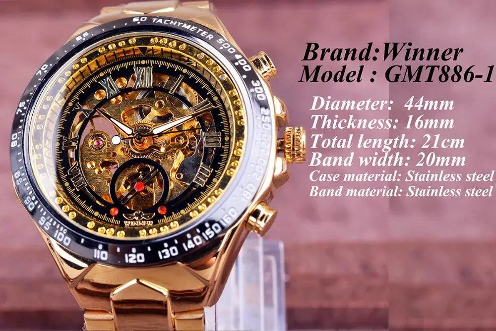 Winner mechanical skeleton sport watch, gold-tone stainless steel case and bracelet, black tachymeter bezel.