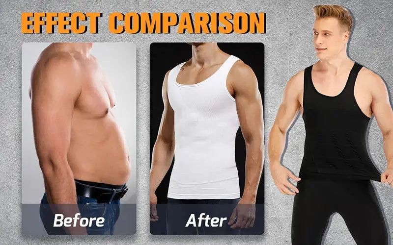 Men's slimming body shaper shapewear abdomen compression shirt by Simples Market; white tank and black compression tee