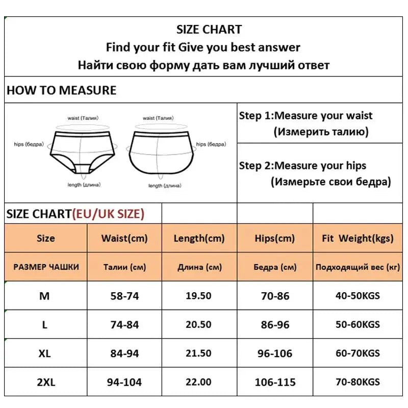 Sexy cotton lace panties size chart by Simples Market; waist, hips, length, M-2XL