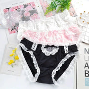 3-pack lace-trim panties set; white, pink, black low-waist briefs with white lace trim