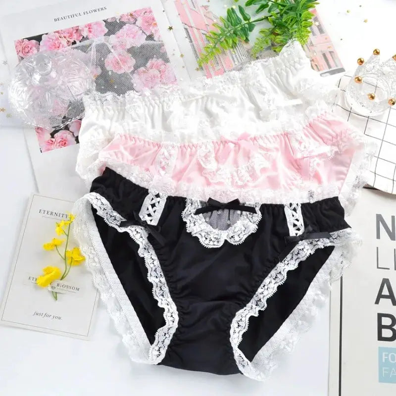 3-pack lace-trim panties set; white, pink, black low-waist briefs with white lace trim