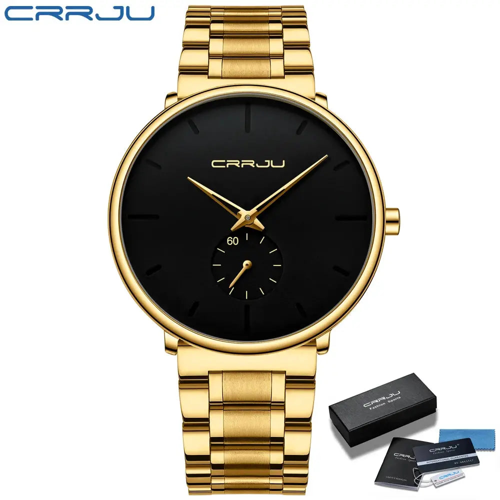 CRRJU gold-tone stainless steel men's wristwatch with black dial; includes box and warranty cards