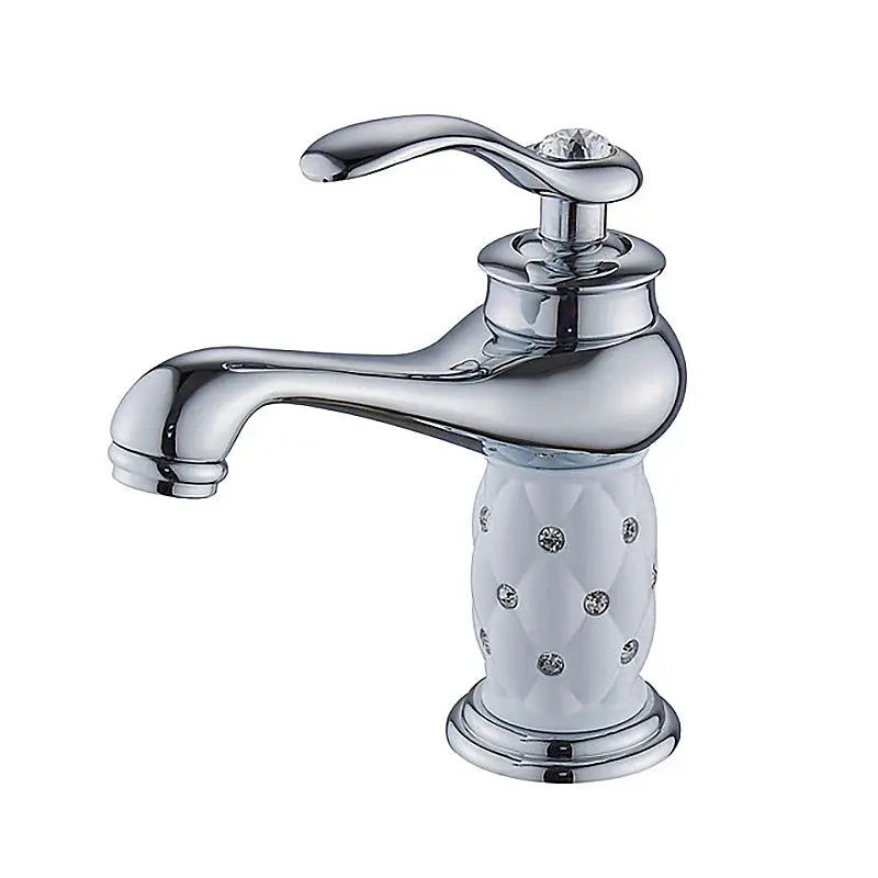 Bathroom faucet with chrome finish, single-handle lever, and white ceramic base with crystal accents.