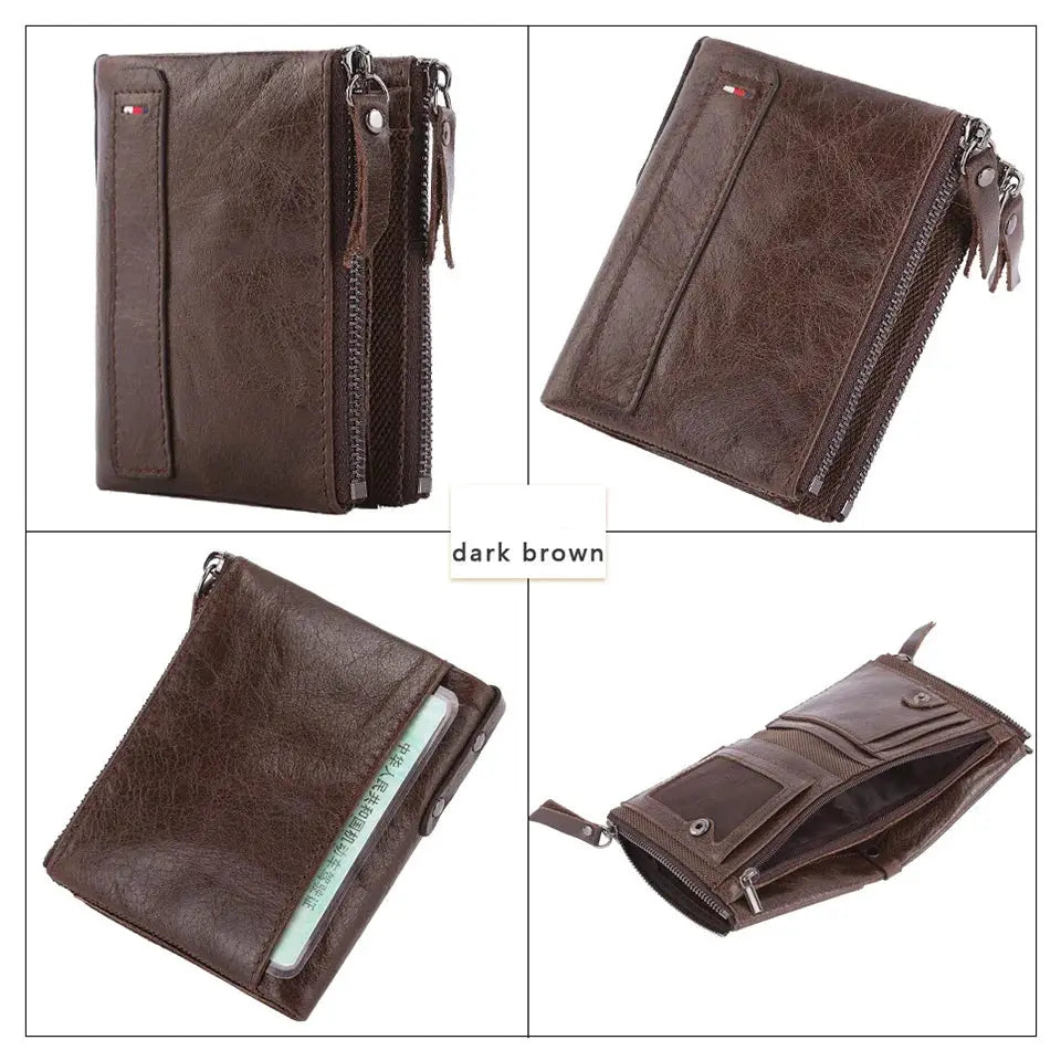 Men's dark brown Simples Market genuine cow leather wallet with zip compartments and card slots