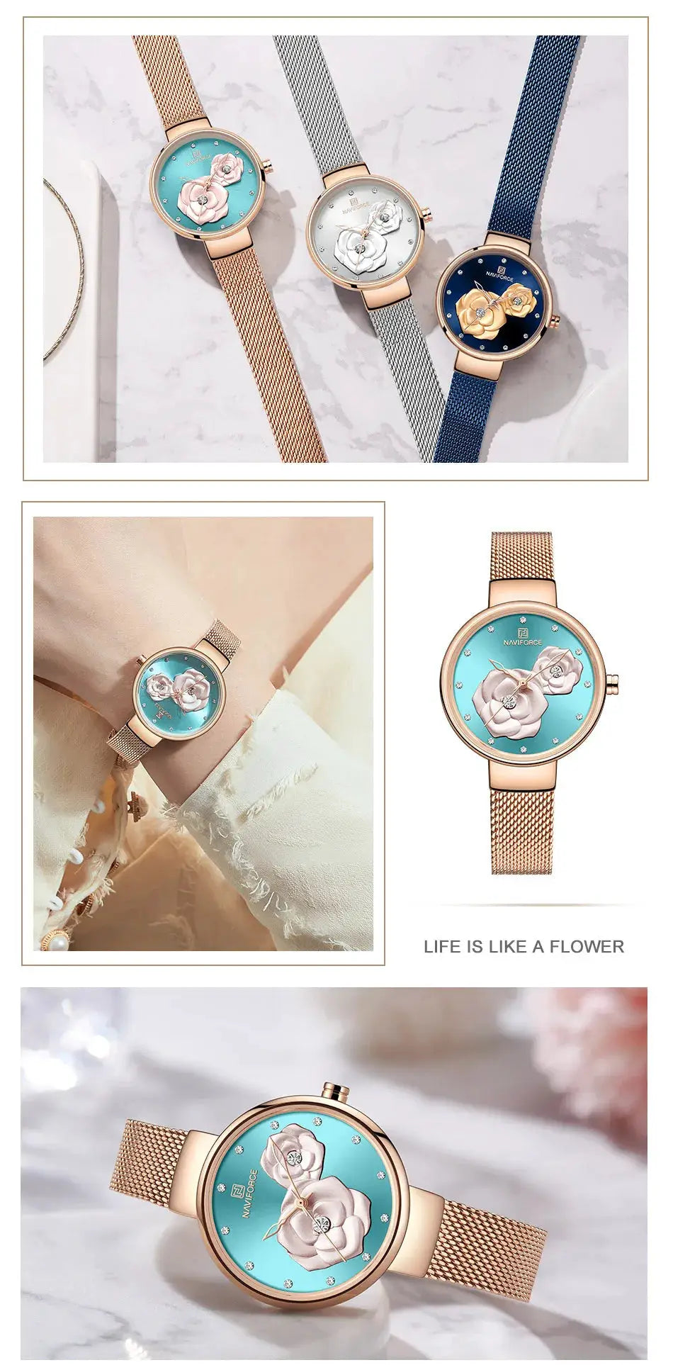 Naviforce women's wristwatch set with rose-gold mesh straps and turquoise, white and blue flower-dial faces (3-pack)