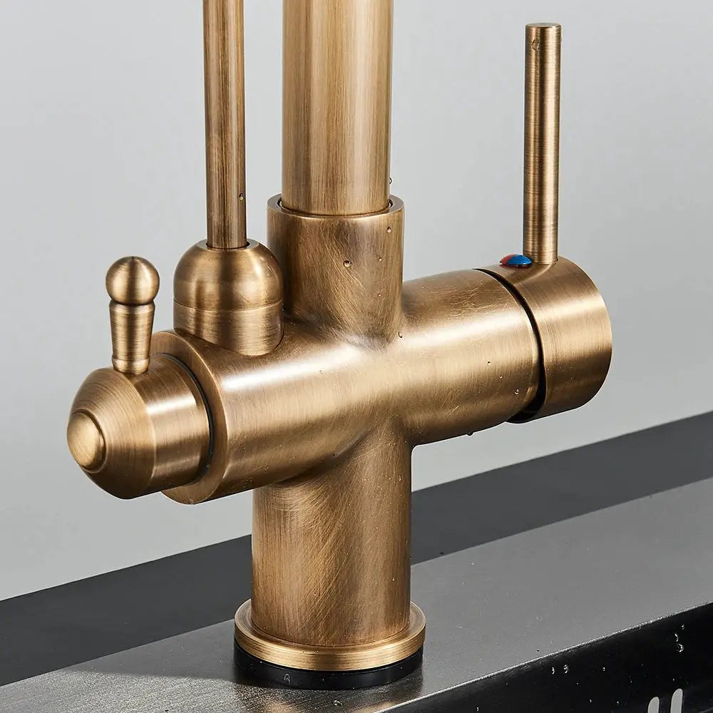 Rozin 2-in-1 antique-brass kitchen faucet with pull-out nozzle and 2-way swivel.