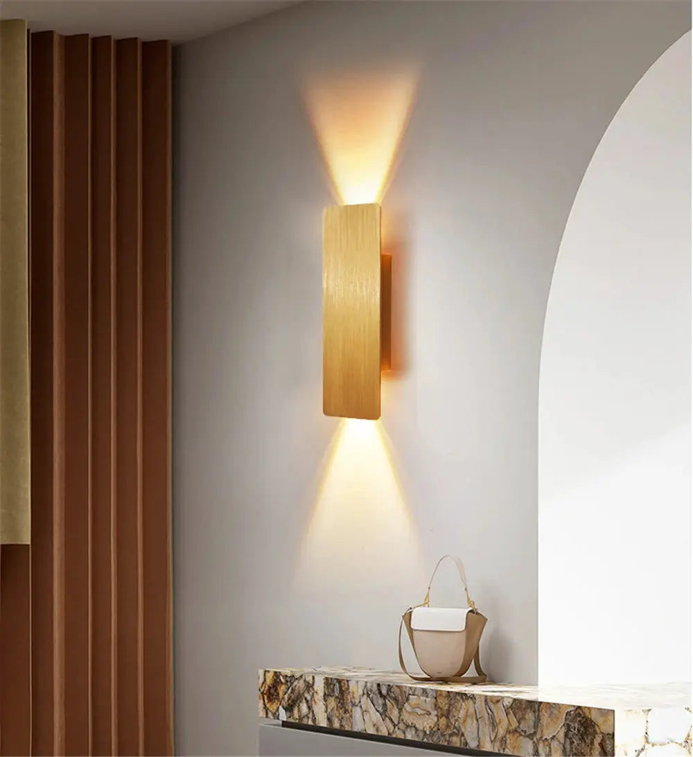 Wooden LED indoor wall lamp sconce with warm upward and downward lighting