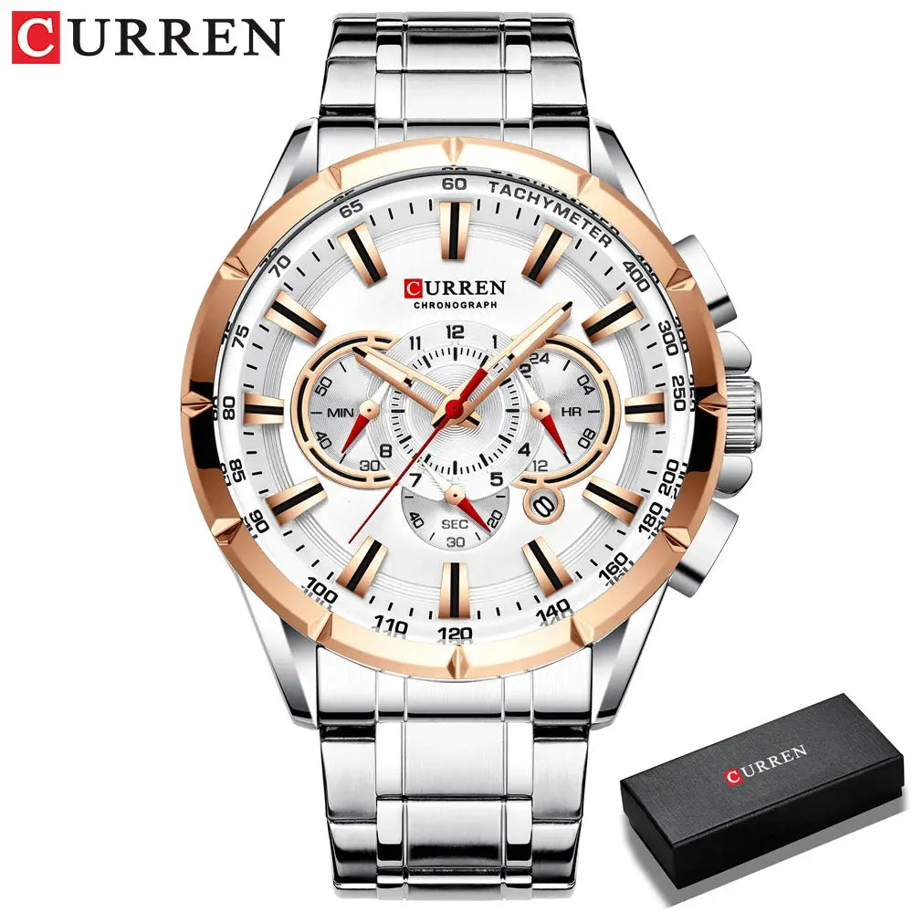 Curren men's stainless steel chronograph watch with rose-gold bezel, big dial and luminous hands