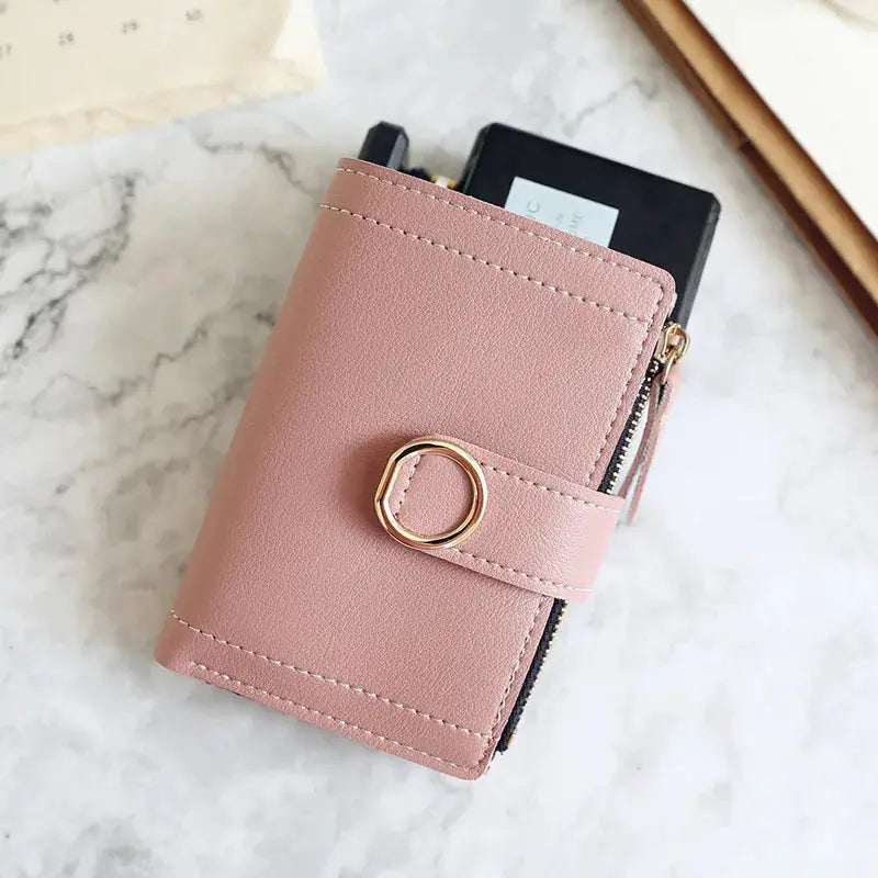Pink PU leather short wallet with zipper, gold ring strap, Simples Market brand