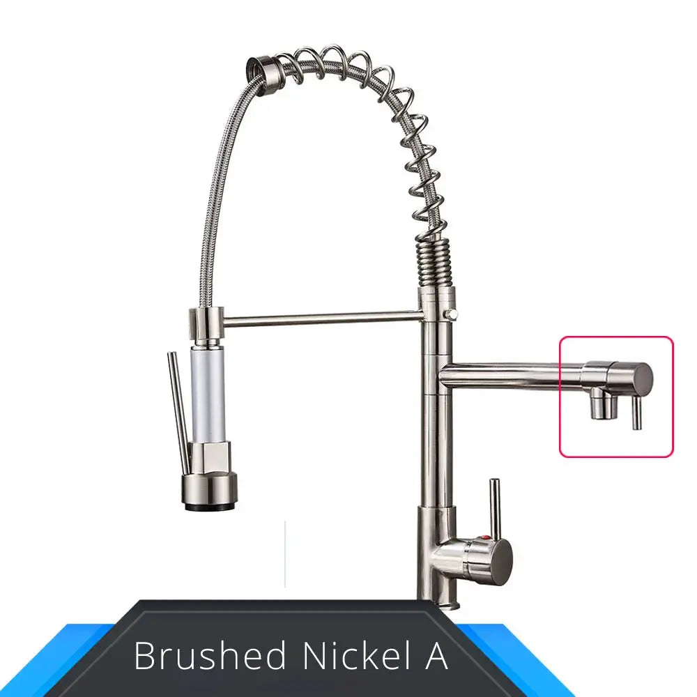 Rozin brushed nickel spring pull-down kitchen faucet with side outlet, deck-mounted hot/cold mixer.