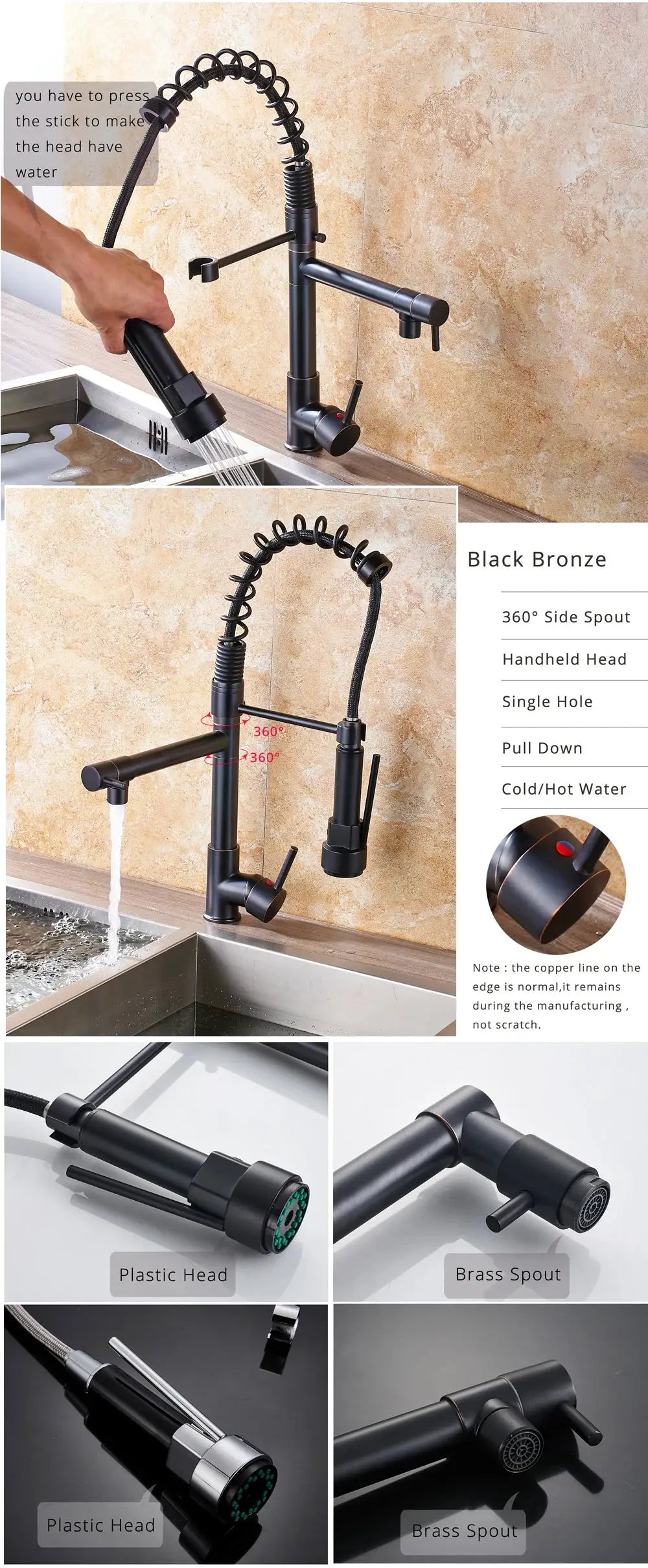 Rozin black bronze pull-down kitchen faucet with handheld spray and dual spout hot/cold by Simples Market