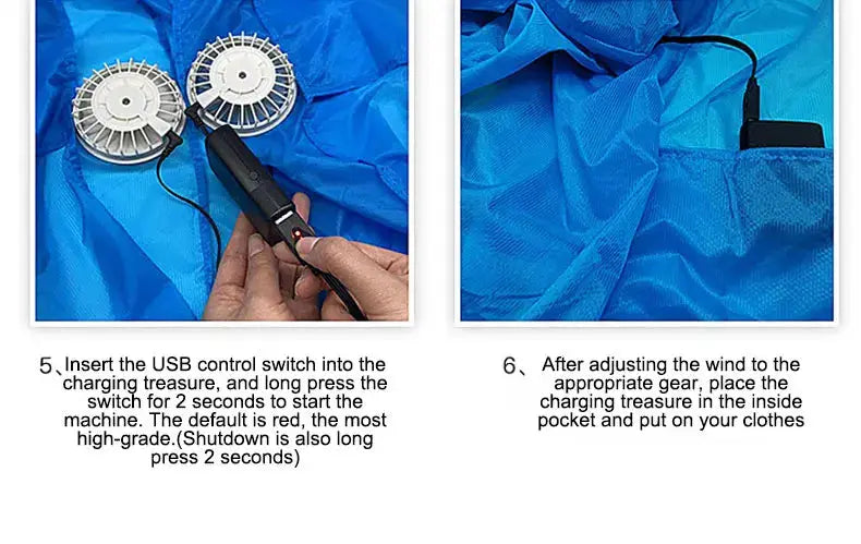 Ultralight blue outdoor windbreaker vest with two round USB cooling fans and pocket USB control switch