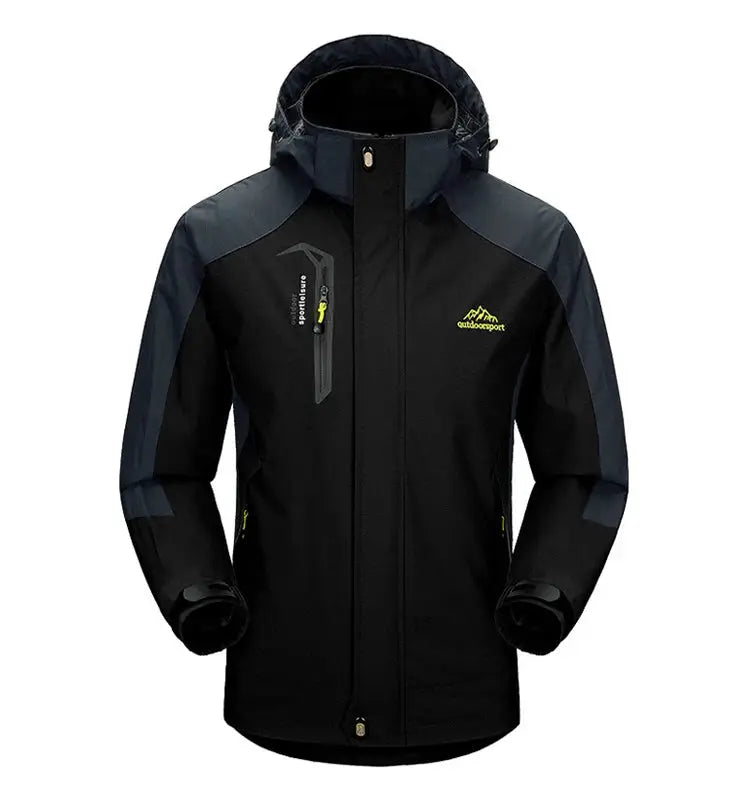 TRVLWEGO men's hiking jacket, black with dark gray panels, hooded waterproof windbreaker; Simples Market logo.