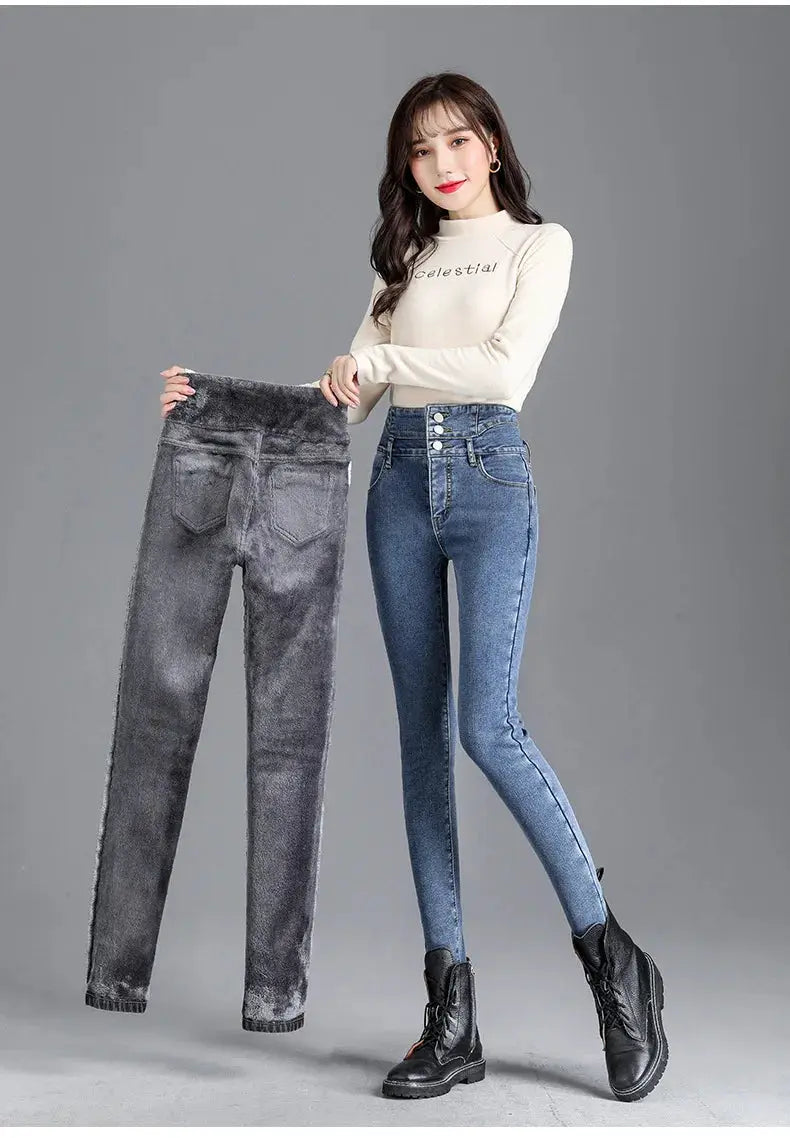 Thermal Winter Thick Fleece High Waist Stretch Skinny Jeans For Women