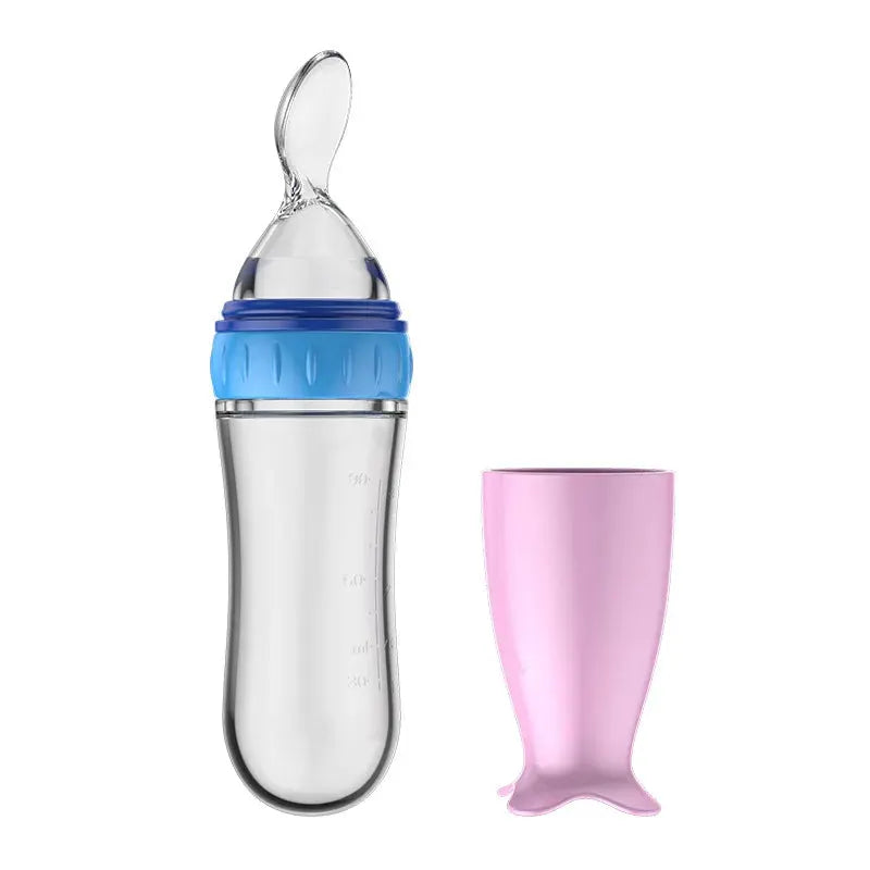 Silicone Baby Bottle With Integrated Squeeze Spoon For Mess Free Feeding Milk Rice Cereal