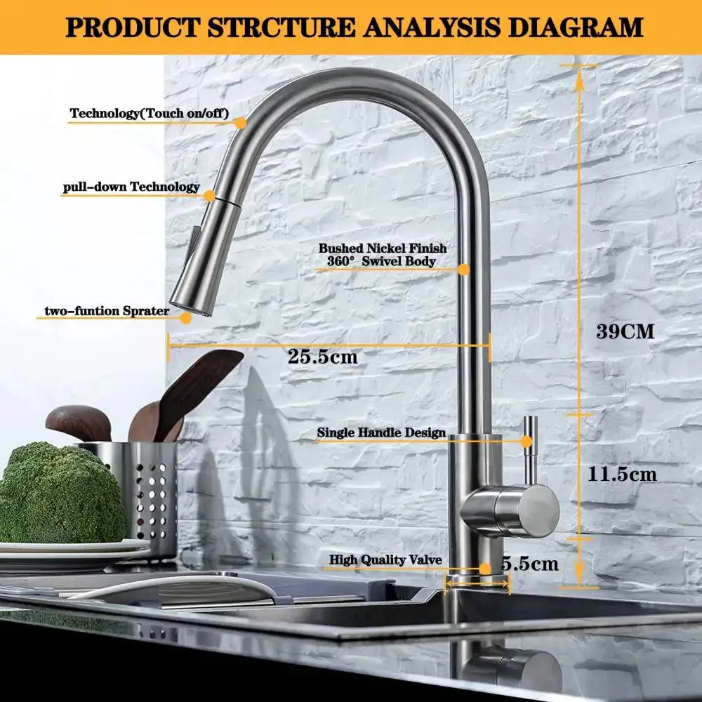 DQOK kitchen faucet by Simples Market, brushed nickel stainless steel with pull-out spray and touch sensor