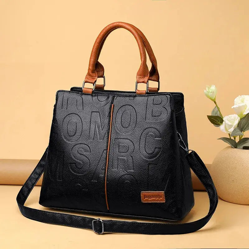 PU leather crossbody bag for women, black with brown top handles and detachable strap, large-capacity travel tote