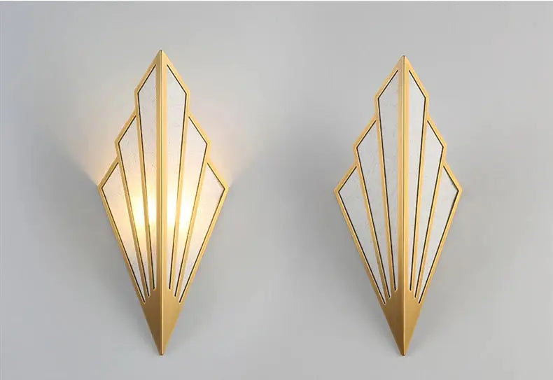 Nordic wall lamp set by Simples Market; gold iron LED lights with geometric panels, two units on a gray wall, one lit