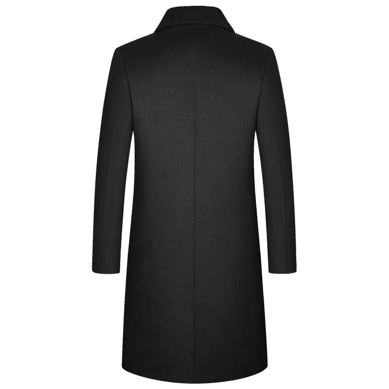 Men's black wool-blend trench coat, long and solid for winter.