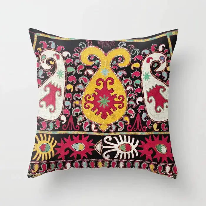 Nordic pillow case by Simples Market with Moroccan boho print on black background, yellow centerpiece
