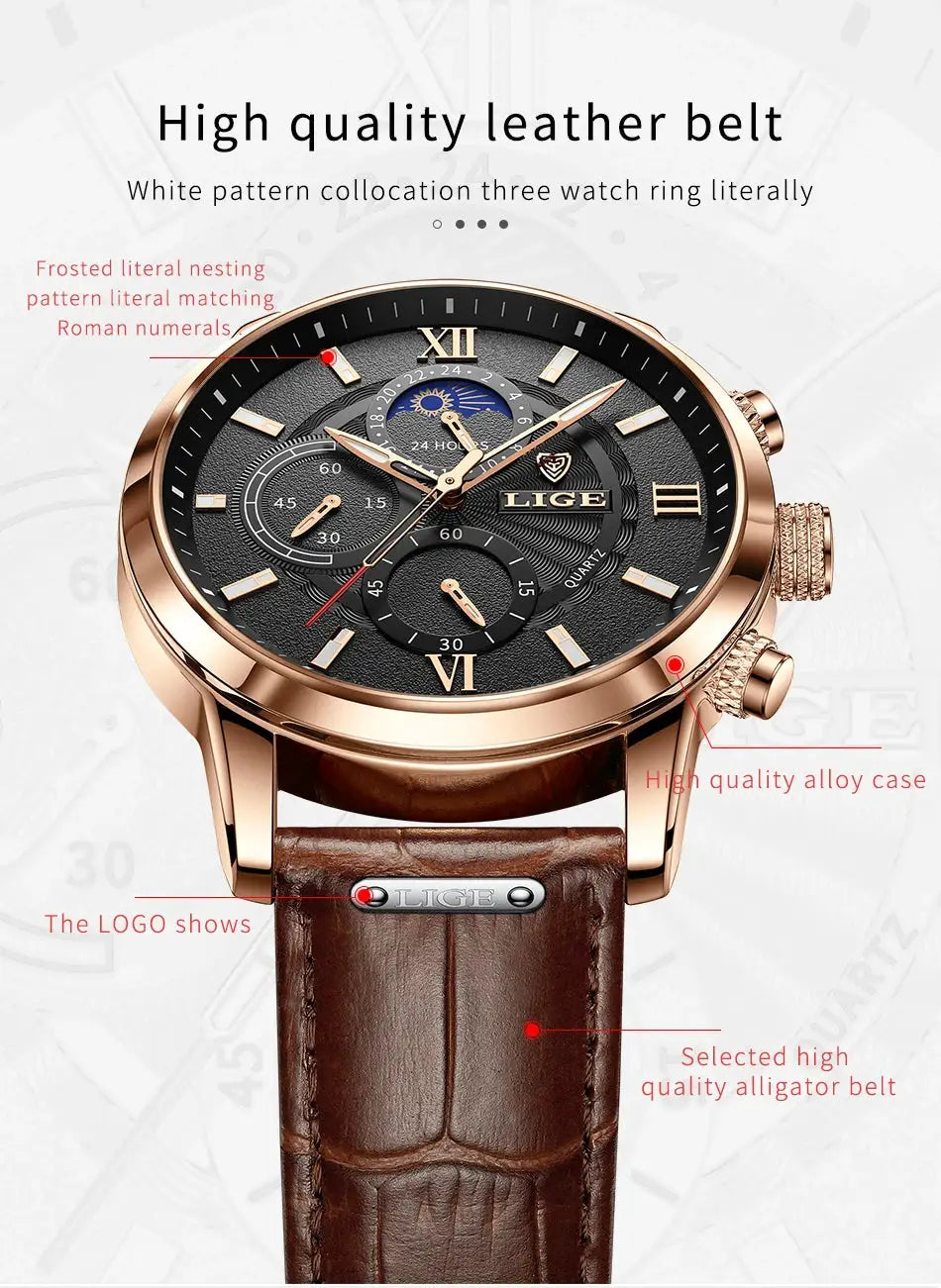 LIGE men's chronograph watch with brown leather strap and rose-gold case