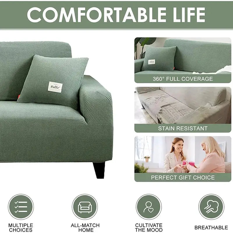 Simples Market green Jacquard sofa protector for L-shaped living room couch; full-coverage slipcover