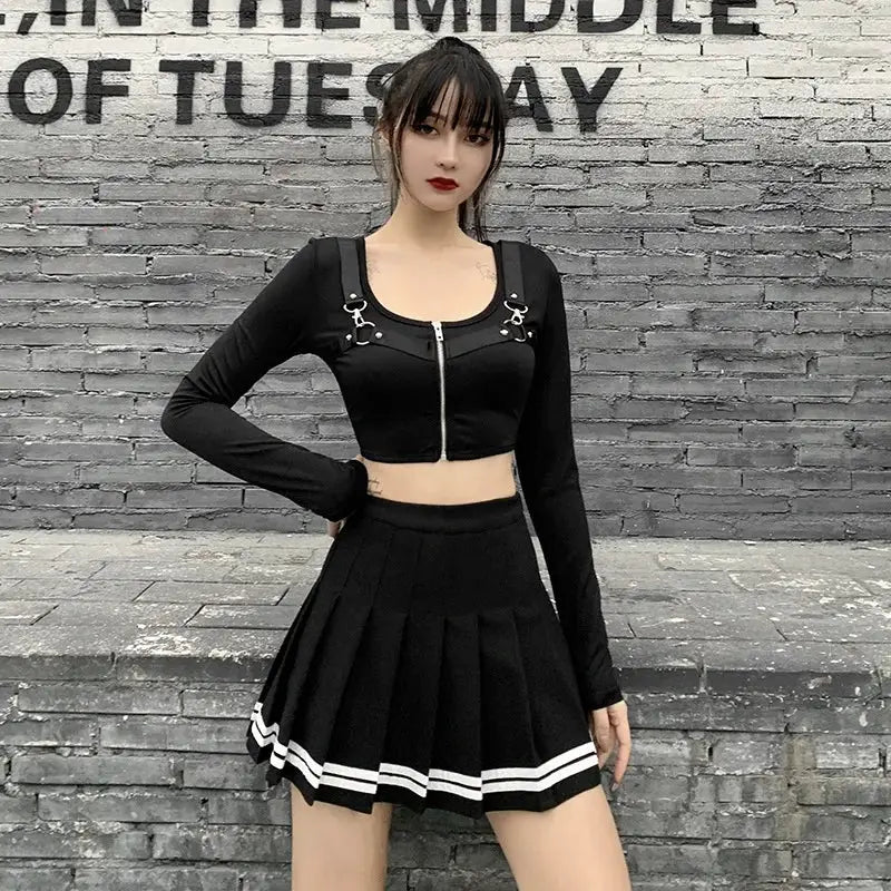 KawaiiGrove Vintage Korean Patchwork Skirt Harajuku Gothic Black Pleated High Waist Mini For Women