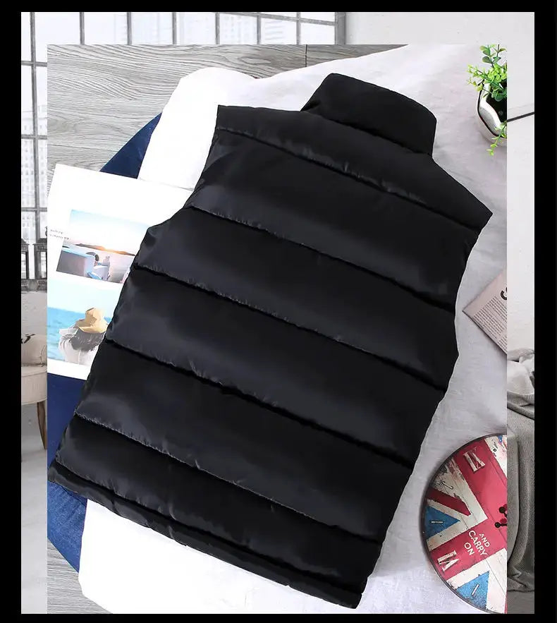 Puffer vest, black sleeveless with stand collar, slim fit, horizontal quilted panels