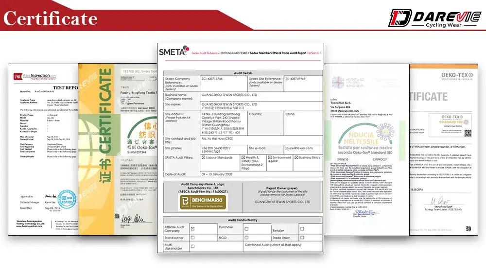 DAREVIE cycling jersey certificate collage; multiple certification papers and DAREVIE logo