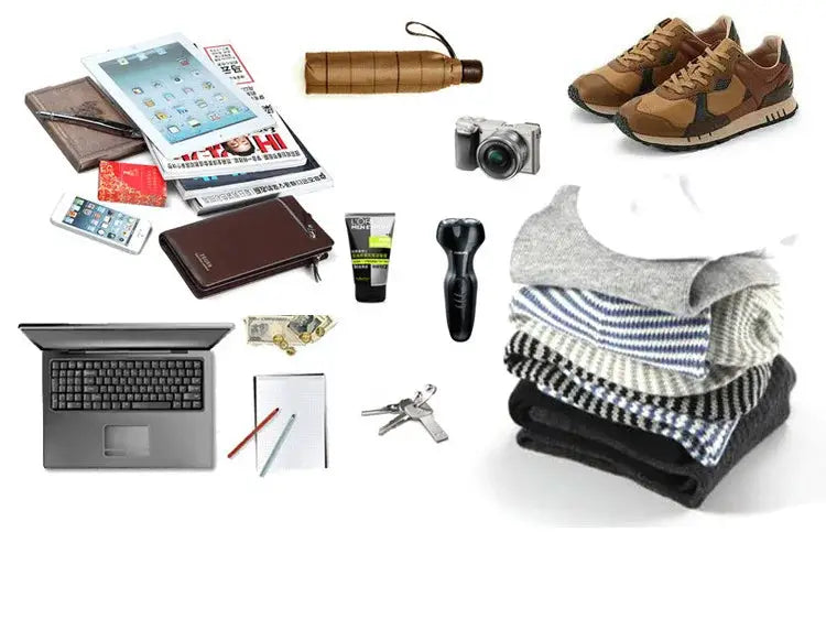 Vintage canvas backpack collage with tech and travel gear: laptop, tablet, wallet, camera, scarf, shoes