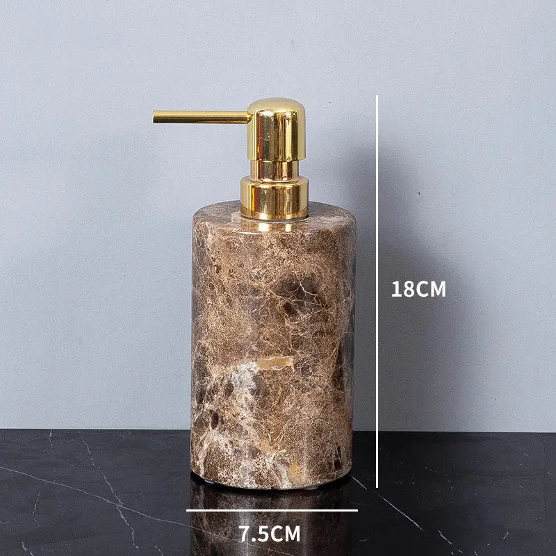 Soap dispenser from Simples Market in Emperador Dark marble with gold pump, brown luxury bathroom accessory