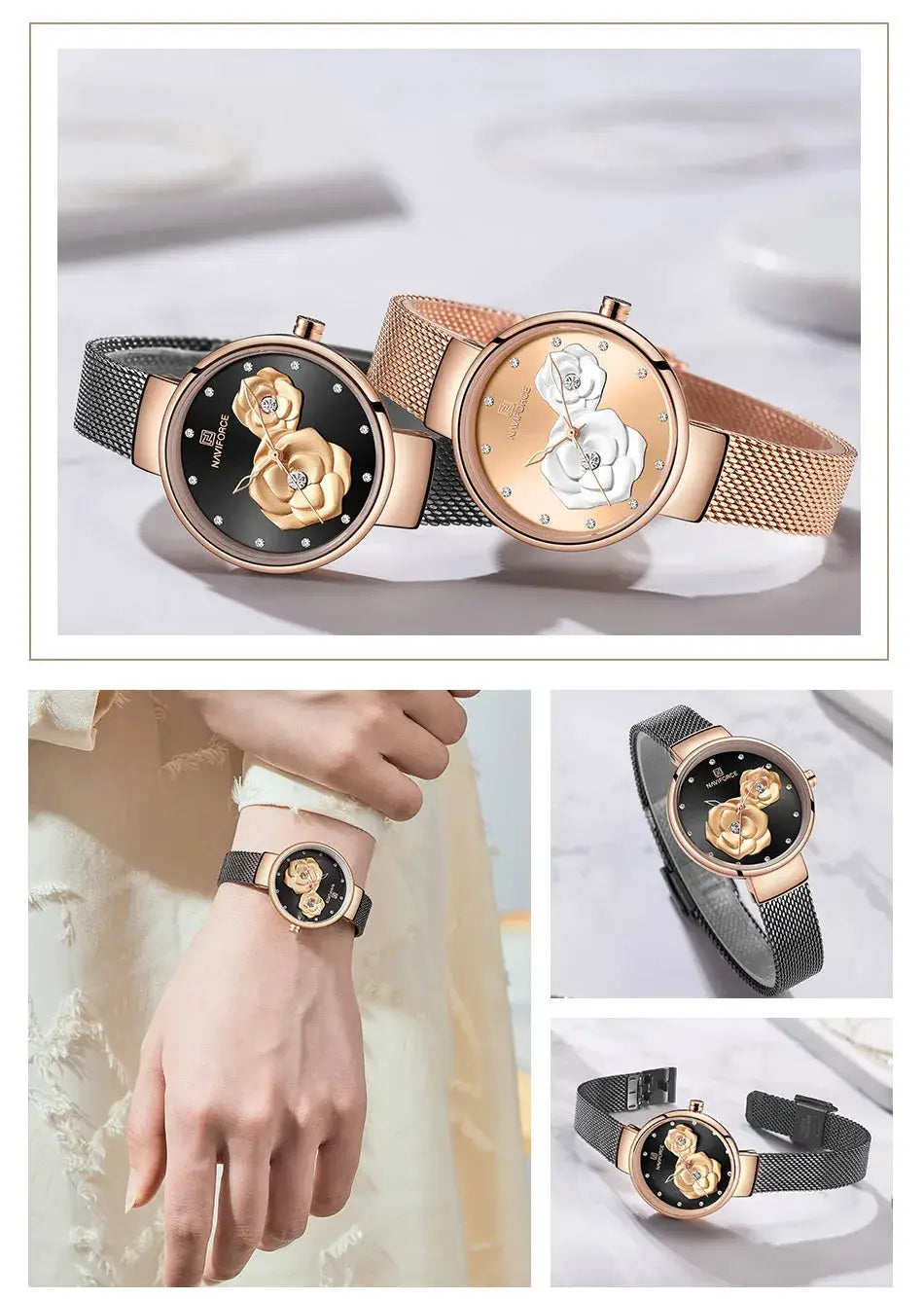 Women's NAVIFORCE watch set with floral dials, rose gold and black tones, steel mesh bands (2-piece set)