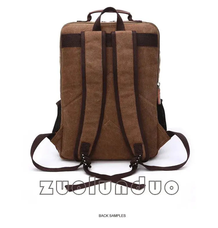Vintage canvas backpack, brown with dark straps, back view, large-capacity travel bag
