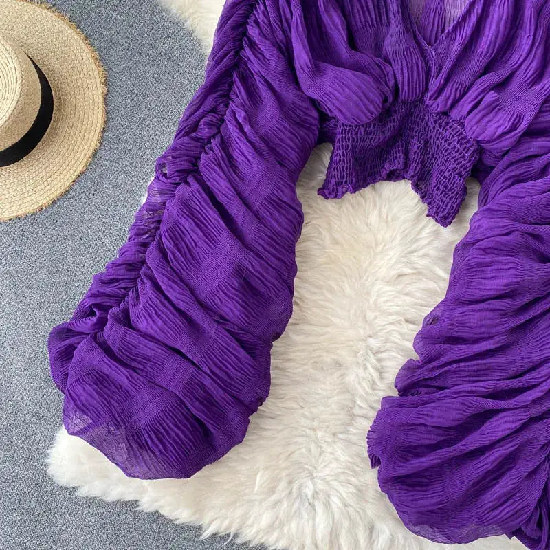 Purple draped chiffon blouse for women with V-neck and puff long sleeves