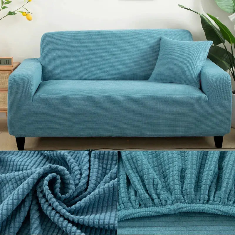 Sofa protector cover in thick blue jacquard by Simples Market for L-shaped corner couch