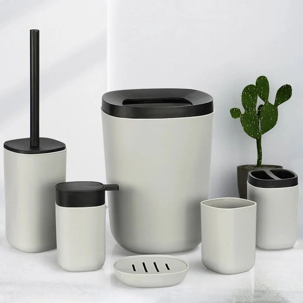 Simples Market 6pc white bathroom accessories set with black lids