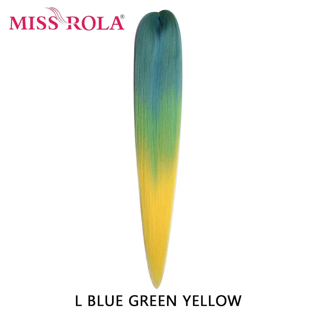 Miss Rola synthetic 30-inch Kanekalon braid in blue-green-yellow gradient, pre-stretched yaki straight extension.
