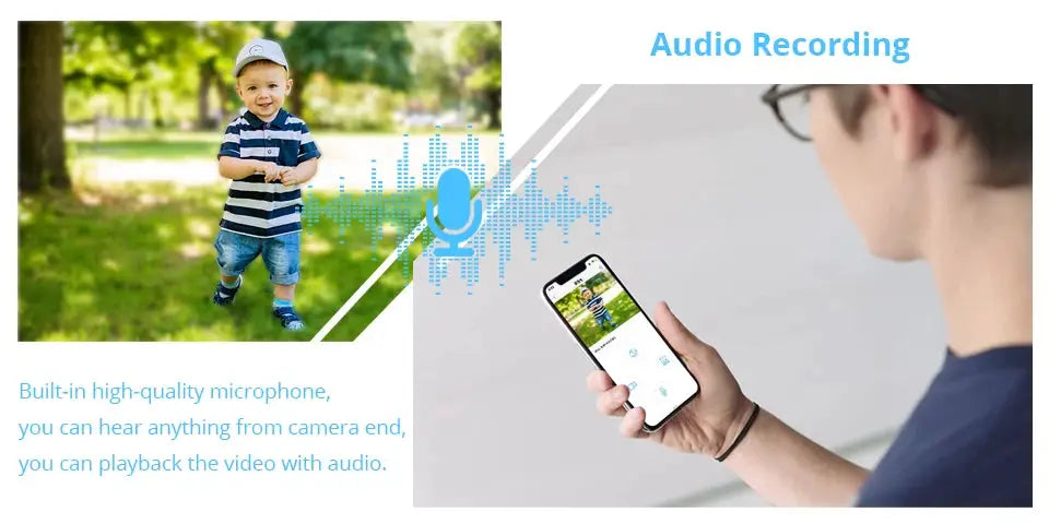 Simples Market 4MP outdoor WiFi IP security camera with audio recording, shown with a smartphone app.