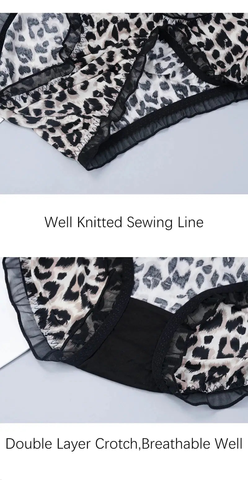 Simples Market leopard print mid-waist panties with black lace ruffle trim.