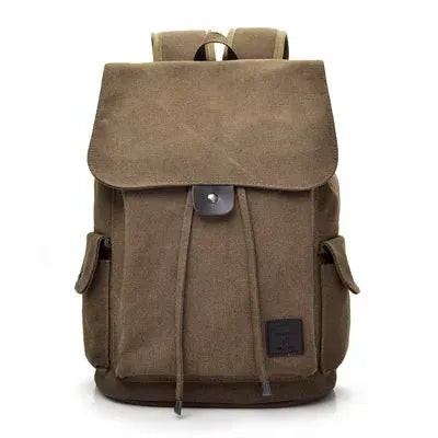 Canvas backpack by Simples Market, brown large travel/school bag with front flap and side pockets.
