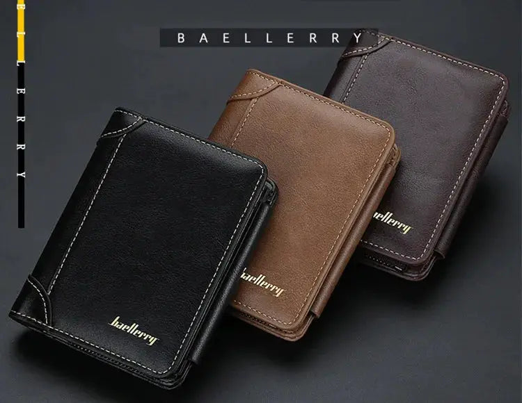 Baellerry PU leather men's wallets set in black, brown, and tan with zipper