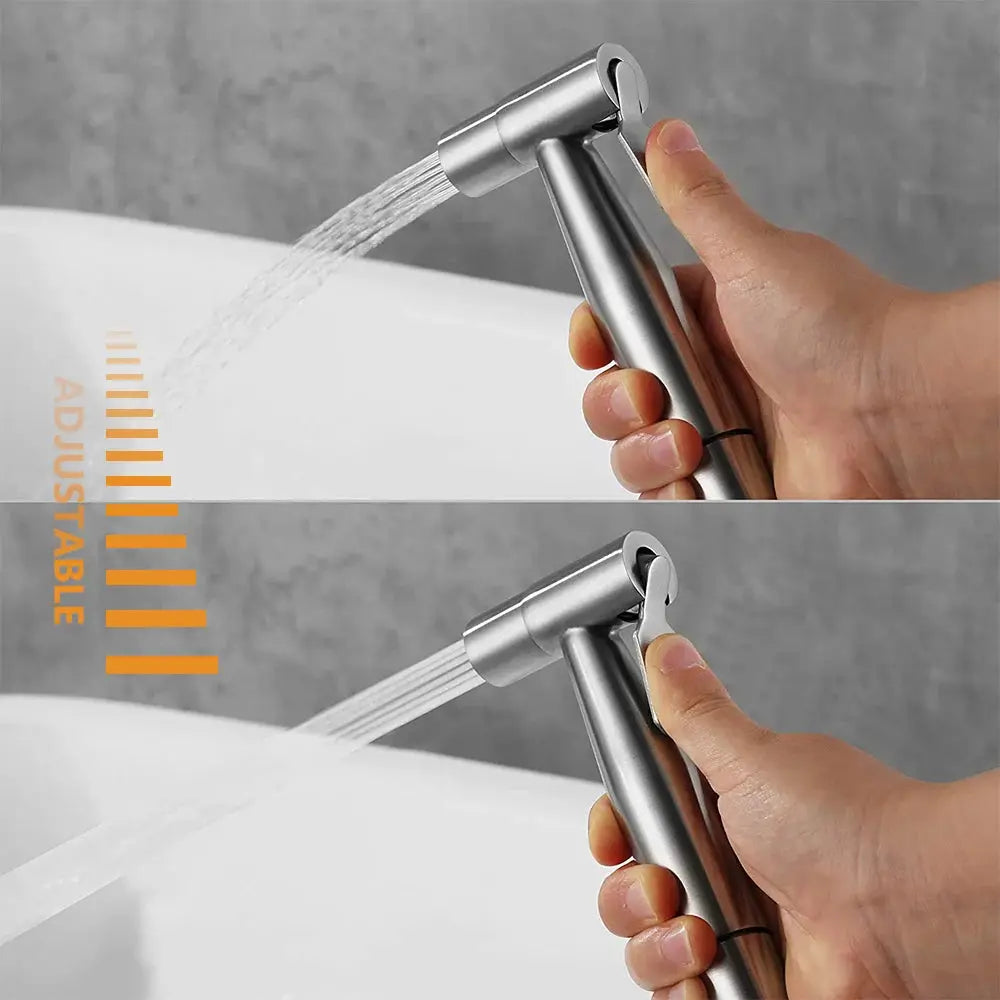 Stainless steel handheld toilet bidet sprayer with adjustable spray head and hose for bathroom use